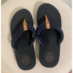 Tory Burch Navy Canvas Leather Logo Foam Flip Flop Sandal